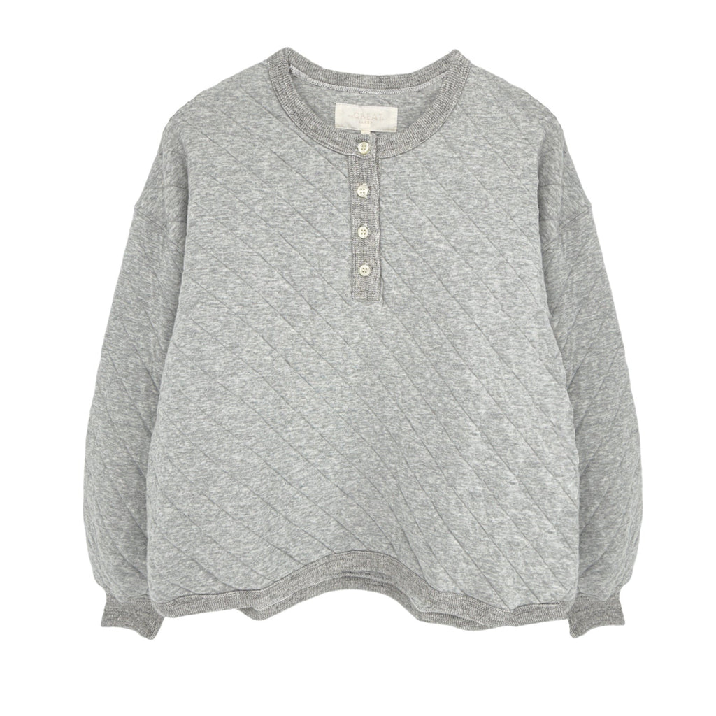 THE GREAT. The Quilted Henley Sleep Sweatshirt. in Heather Grey 0|XS