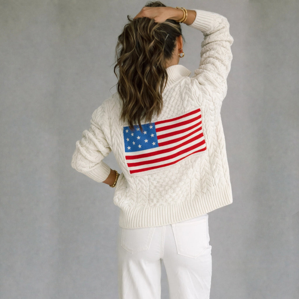PINK PINEAPPLE Flag 1/2 Zip Cable Sweater Ivory S