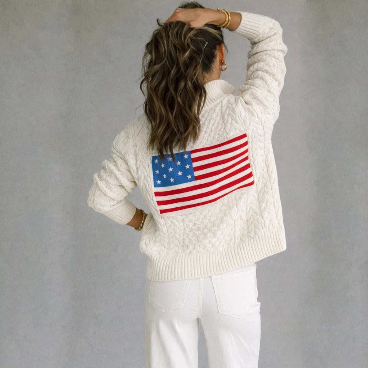 PINK PINEAPPLE Flag 1/2 Zip Cable Sweater Ivory S