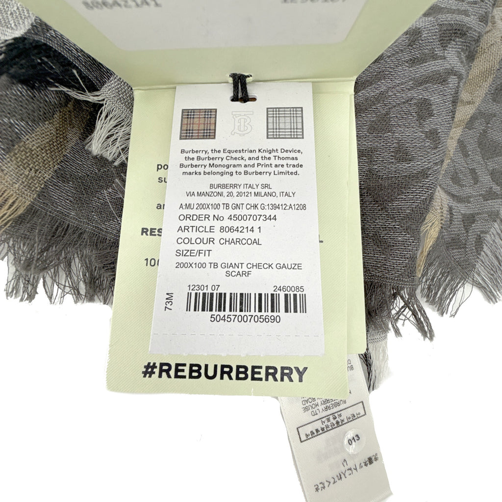 BURBERRY TB Giant Check Gauze Wool &amp; Silk Scarf in Charcoal