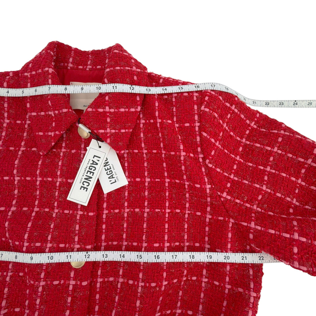 L'AGENCE Cove Cropped Tweed Jacket in Red & Hot Pink Plaid 10|L