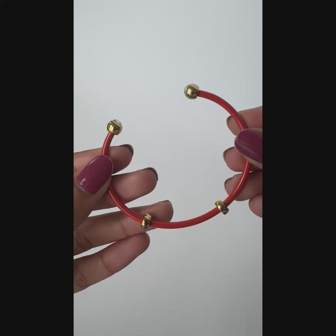 ALEX+ANI Bezel Stone Enamel Cuff in Coral Red
