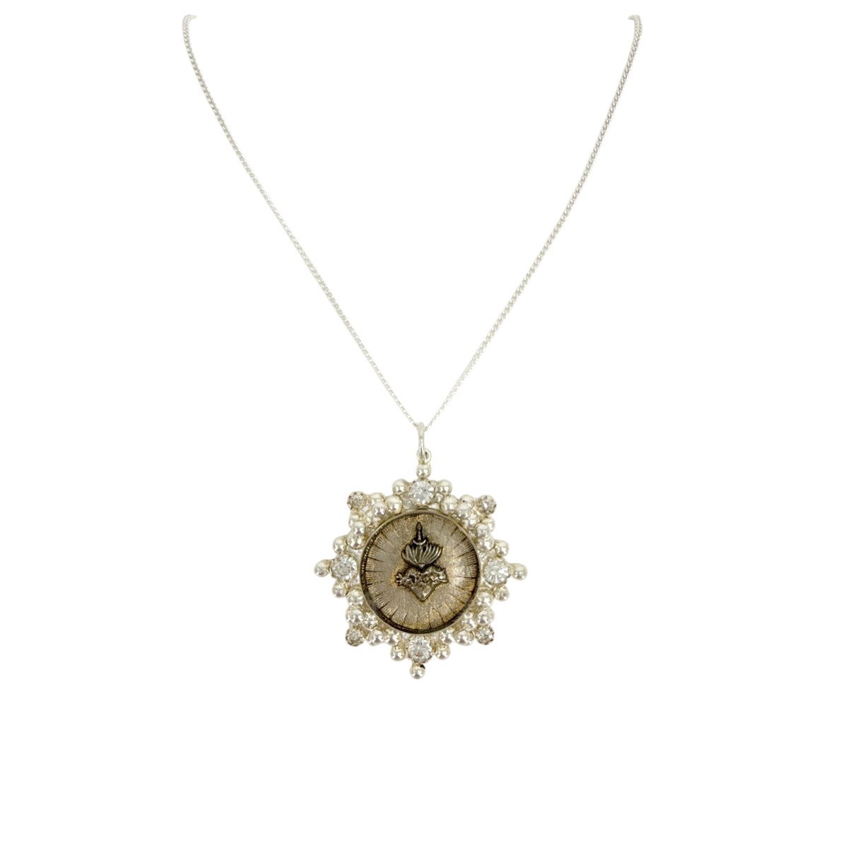 VSA Cloister Sacred Heart Charm Necklace in Silver